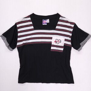 Justin Allen Xtra Vintage 90s Square Neck Striped Pocket T-Shirt Black Red 20W